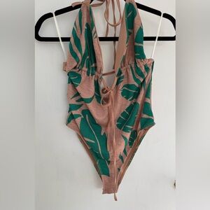 Women's Green Leaf Print Halter One-Piece Swimsuit